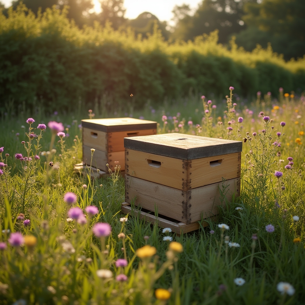 Bienenstöcke in einem naturnahen Garten mit blühenden Wiesenblumen