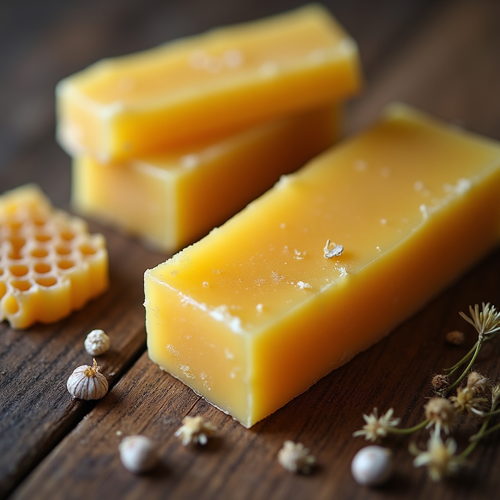 Rohe Bienenwachsblöcke und Wabenreste auf einem Holztisch