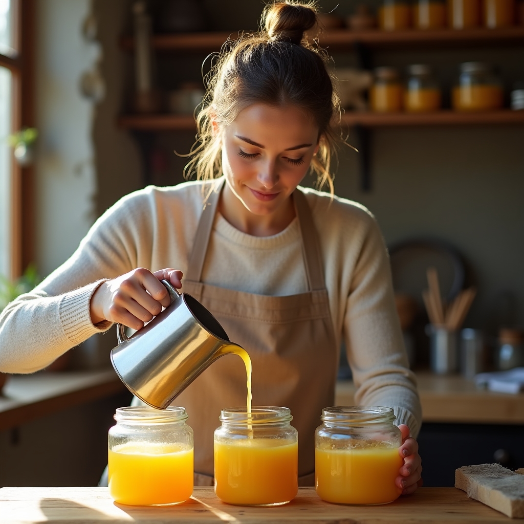 Handwerkerin gießt geschmolzenes Bienenwachs in ein Glas